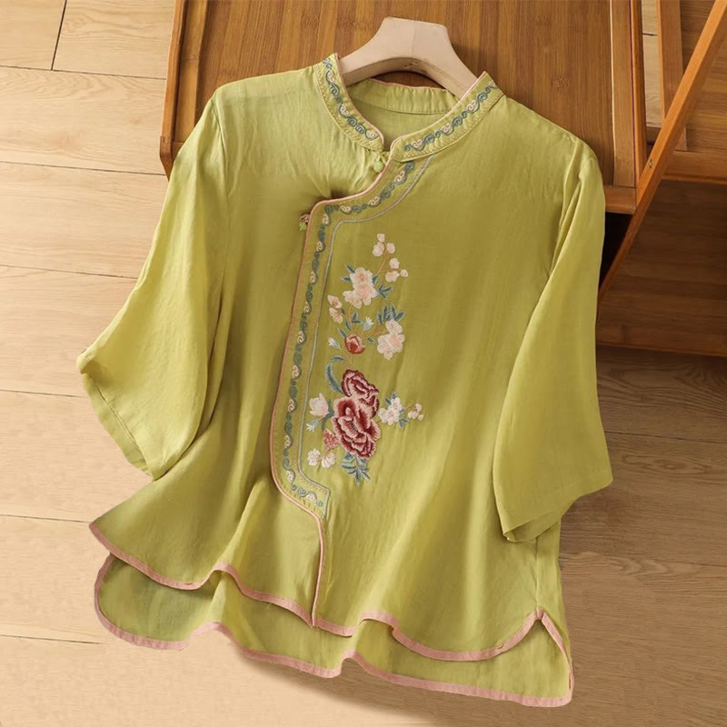 Camicia da donna in cotone e lino con colletto alto, bottoni a rana, stile etnico casual, con ricamo a fiori e Buddha Stones - GialloVerde - US14, UK/AU18, EU46 (4XL) - image 6