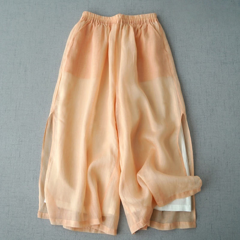 Pantaloni larghi da donna Buddha Stones, casual, tinta unita, in ramia, con spacchi, lunghezza 7-8, con tasche