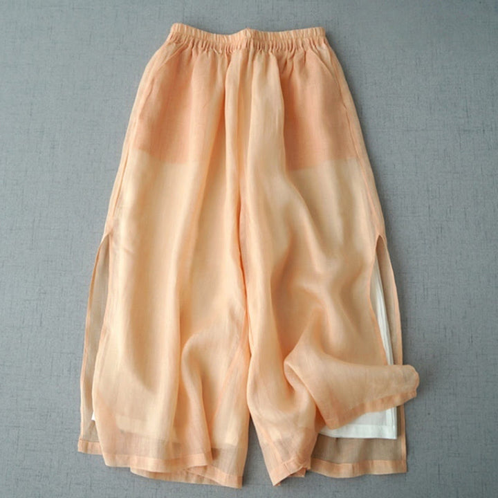 Pantaloni larghi da donna Buddha Stones, casual, tinta unita, in ramia, con spacchi, lunghezza 7-8, con tasche
