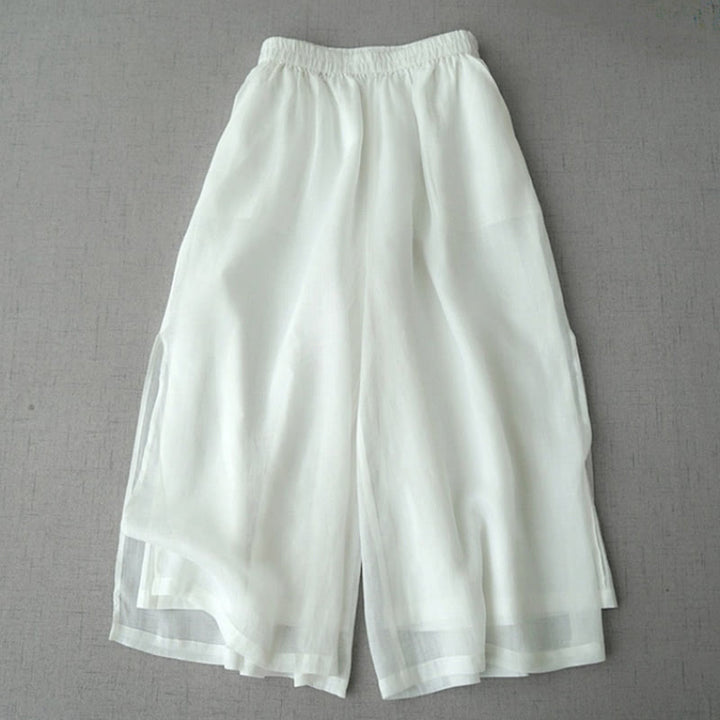 Pantaloni larghi da donna Buddha Stones, casual, tinta unita, in ramia, con spacchi, lunghezza 7-8, con tasche