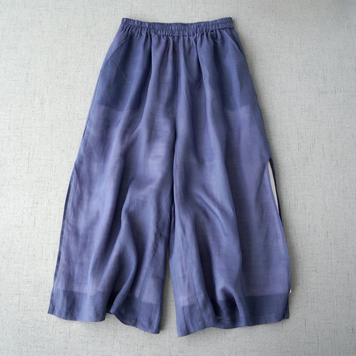 Pantaloni larghi da donna Buddha Stones, casual, tinta unita, in ramia, con spacchi, lunghezza 7-8, con tasche