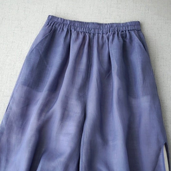 Pantaloni larghi da donna Buddha Stones, casual, tinta unita, in ramia, con spacchi, lunghezza 7-8, con tasche