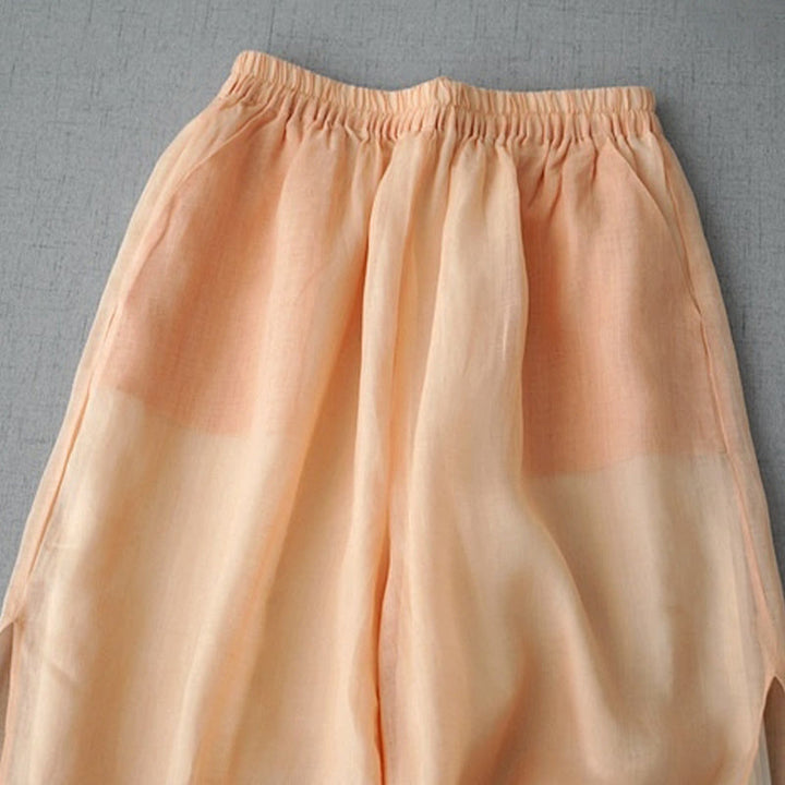 Pantaloni larghi da donna Buddha Stones, casual, tinta unita, in ramia, con spacchi, lunghezza 7-8, con tasche