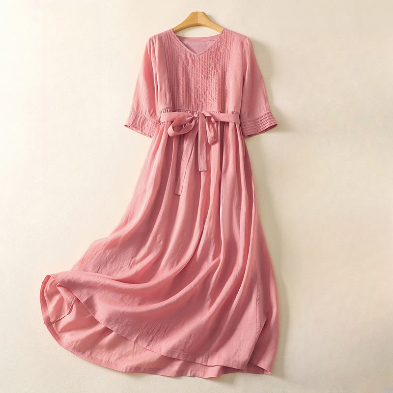 Abito midi da donna in cotone e lino con maniche corte, tasche e lacci, con pieghe Buddha Stones - MistyRose - US8-10, UK/AU12-14, EU40-42 (2XL) - image 0