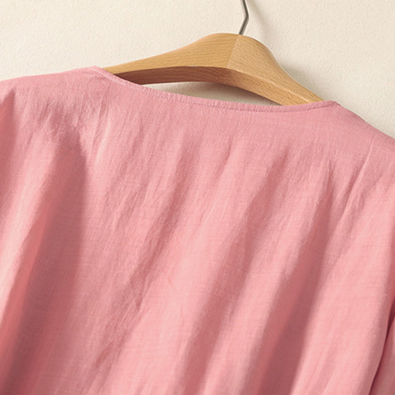 Abito midi da donna in cotone e lino con maniche corte, tasche e lacci, con pieghe Buddha Stones - image 3