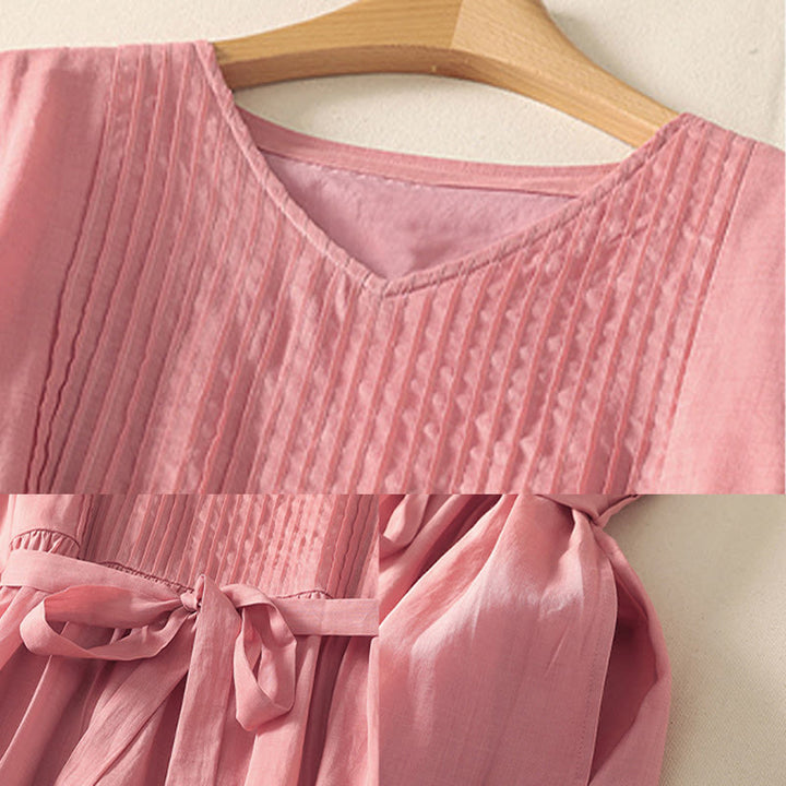 Abito midi da donna in cotone e lino con maniche corte, tasche e lacci, con pieghe Buddha Stones - image 7