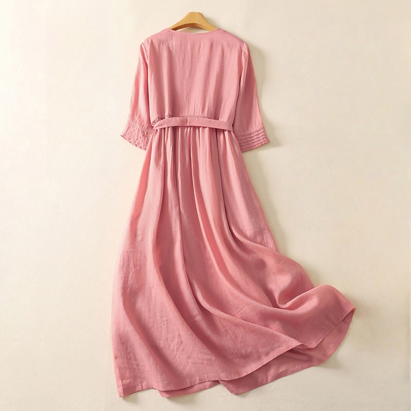 Abito midi da donna in cotone e lino con maniche corte, tasche e lacci, con pieghe Buddha Stones - image 1