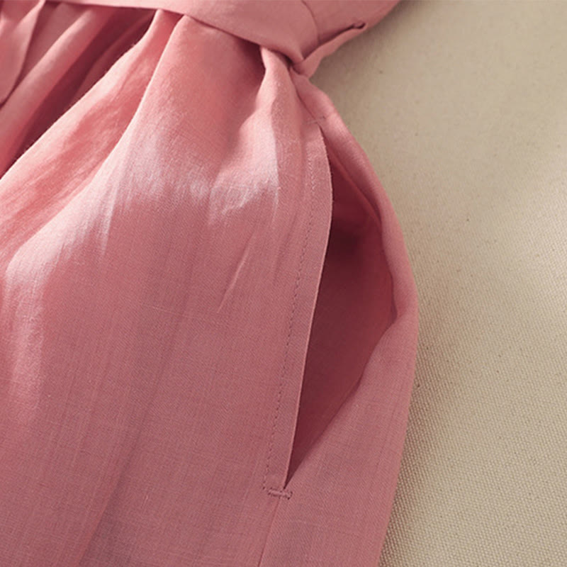 Abito midi da donna in cotone e lino con maniche corte, tasche e lacci, con pieghe Buddha Stones - image 4