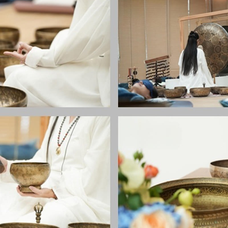 Buddha Stones Set di ciotole sonore dorate fatte a mano in Nepal per guarigione e meditazione. - image 21