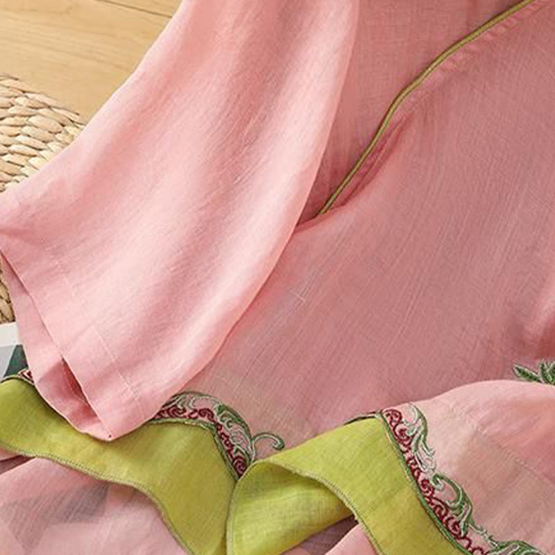 Camicia da donna in cotone e lino con maniche a tre quarti, in tinta unita, in stile etnico estivo Buddha Stones, motivo floreale e bottoni a rana - image 9