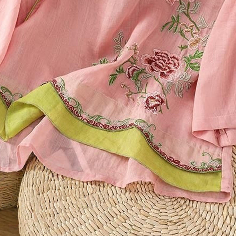 Camicia da donna in cotone e lino con maniche a tre quarti, in tinta unita, in stile etnico estivo Buddha Stones, motivo floreale e bottoni a rana - image 8