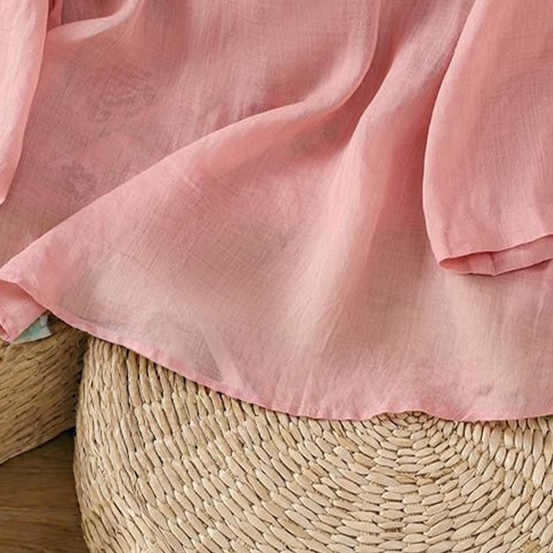 Camicia da donna in cotone e lino con maniche a tre quarti, in tinta unita, in stile etnico estivo Buddha Stones, motivo floreale e bottoni a rana - image 10