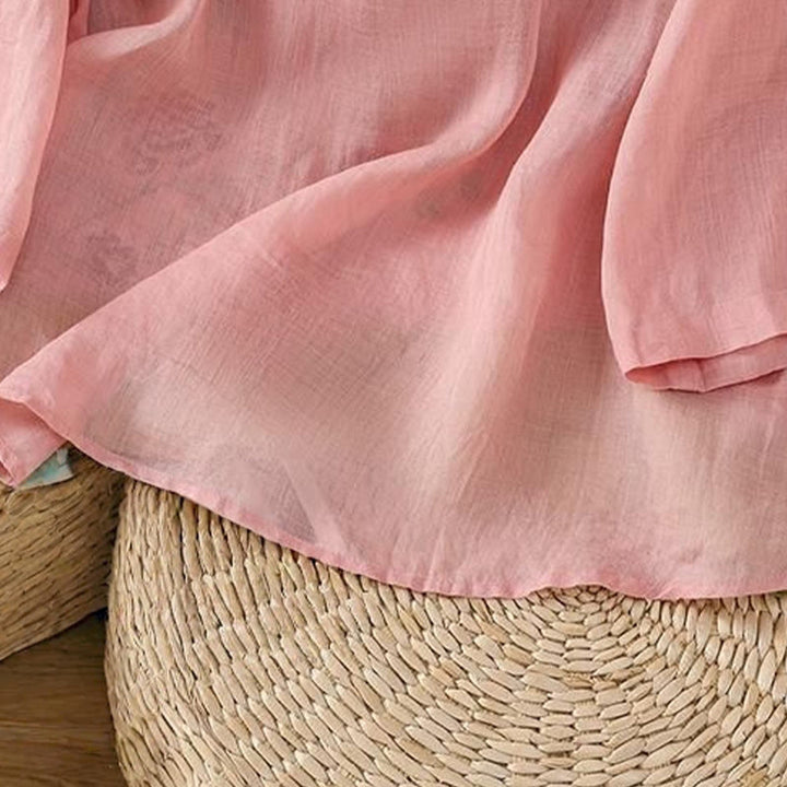 Camicia da donna in cotone e lino con maniche a tre quarti, in tinta unita, in stile etnico estivo Buddha Stones, motivo floreale e bottoni a rana - image 10