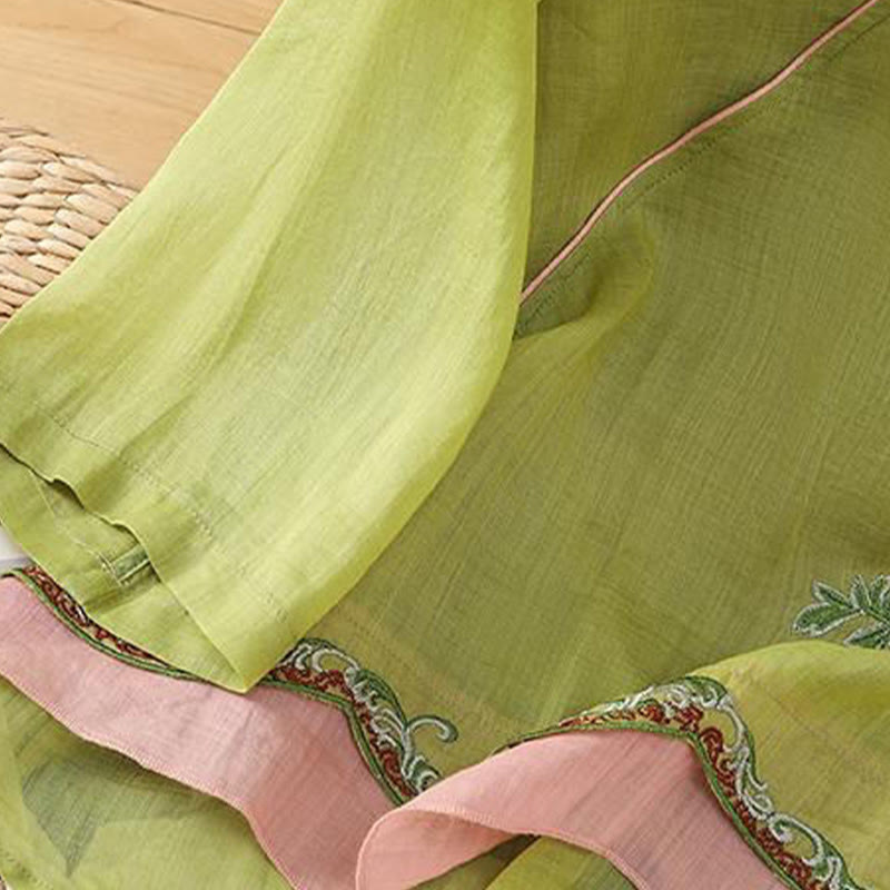 Camicia da donna in cotone e lino con maniche a tre quarti, in tinta unita, in stile etnico estivo Buddha Stones, motivo floreale e bottoni a rana - image 15