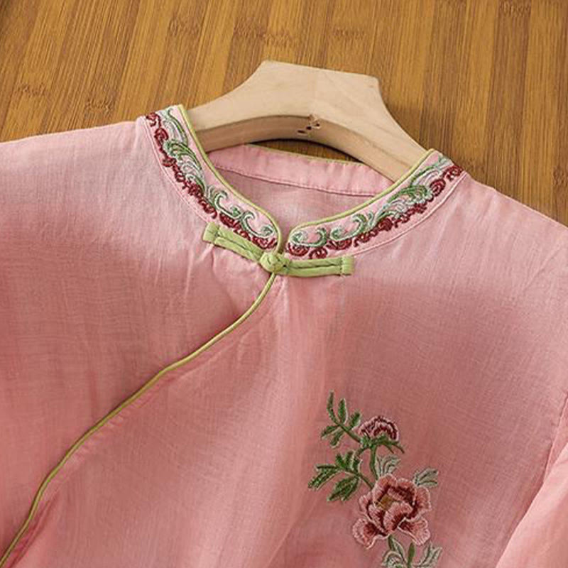 Camicia da donna in cotone e lino con maniche a tre quarti, in tinta unita, in stile etnico estivo Buddha Stones, motivo floreale e bottoni a rana - image 5