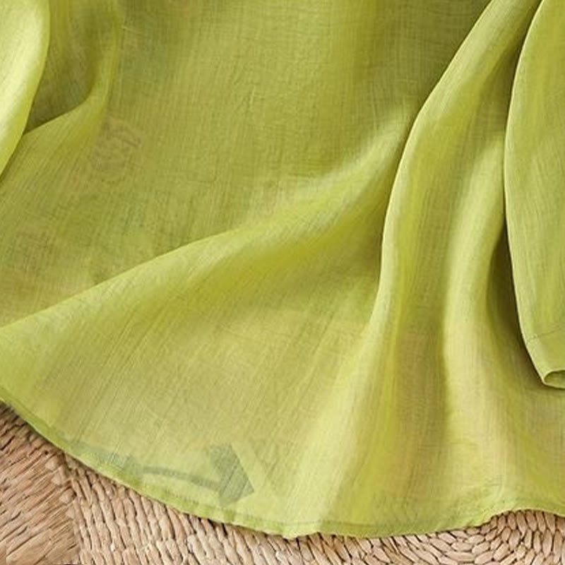 Camicia da donna in cotone e lino con maniche a tre quarti, in tinta unita, in stile etnico estivo Buddha Stones, motivo floreale e bottoni a rana - image 16