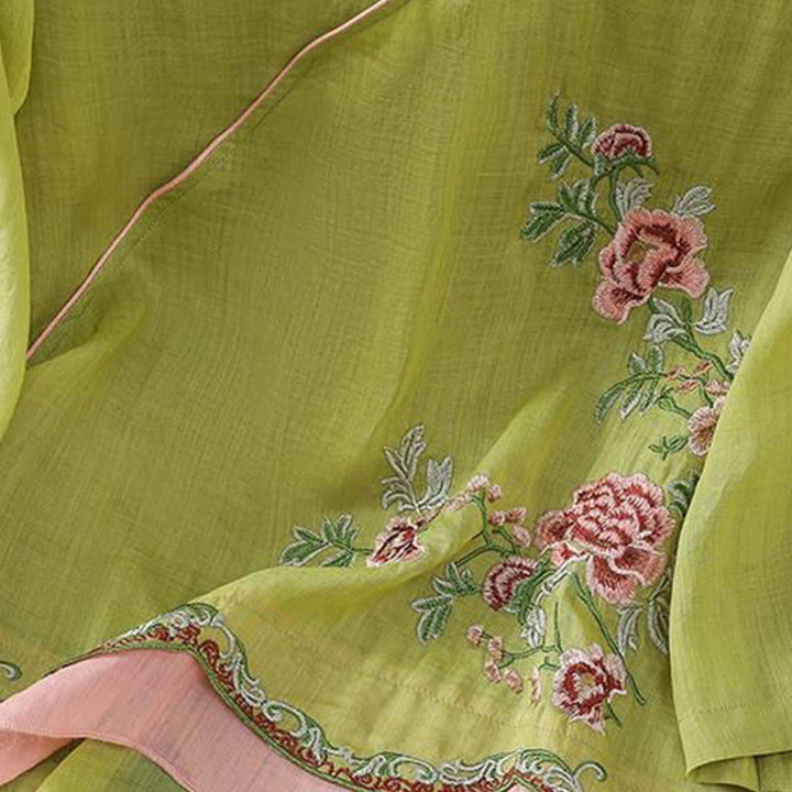 Camicia da donna in cotone e lino con maniche a tre quarti, in tinta unita, in stile etnico estivo Buddha Stones, motivo floreale e bottoni a rana - image 14