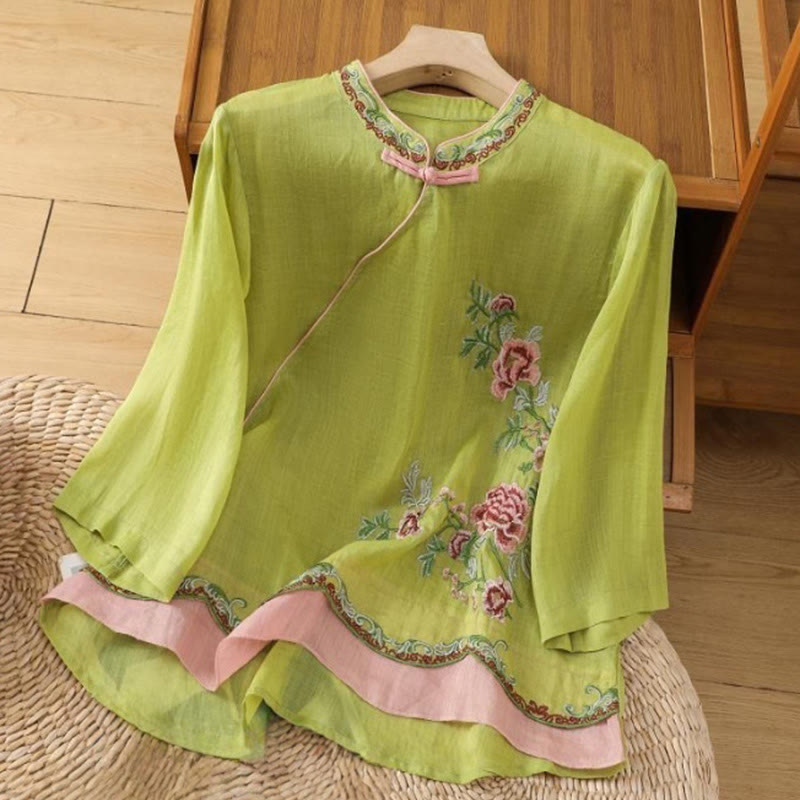 Camicia da donna in cotone e lino con maniche a tre quarti, in tinta unita, in stile etnico estivo Buddha Stones, motivo floreale e bottoni a rana - GialloVerde - US8-10, UK/AU12-14, EU40-42 (2XL) - image 12