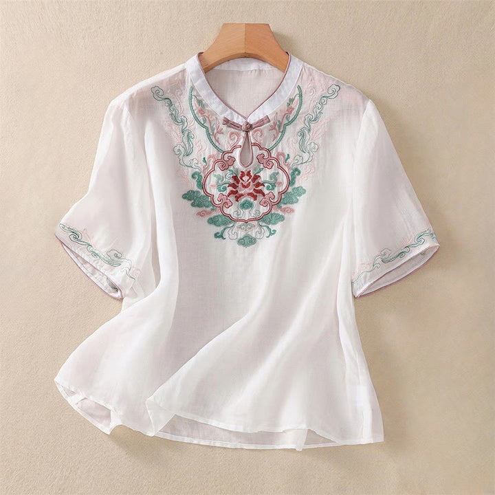 Camicia da donna in cotone e lino a mezza manica, con ricamo retrò casual e bottoni a forma di rana, motivo Buddha Stones - Bianco - US12, UK/AU16, EU44 (4XL) - image 12