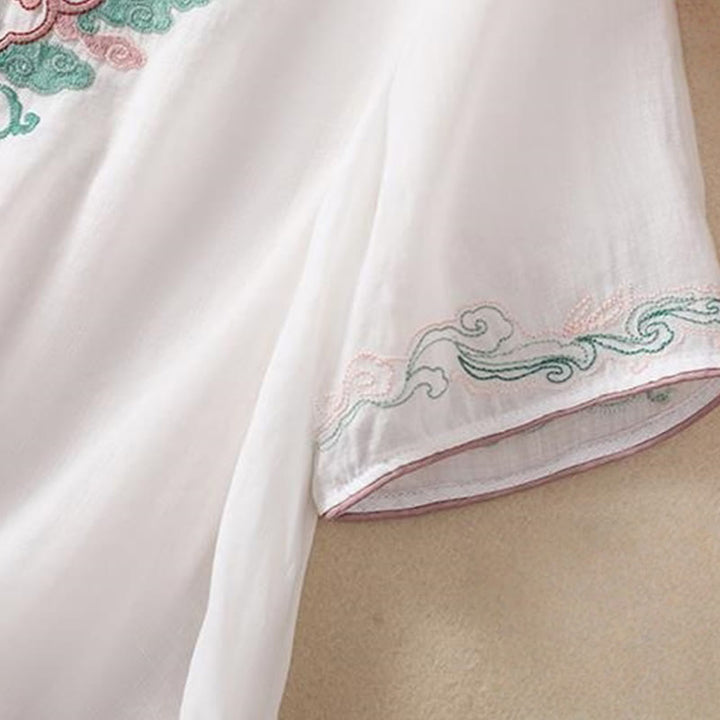 Camicia da donna in cotone e lino a mezza manica, con ricamo retrò casual e bottoni a forma di rana, motivo Buddha Stones - image 14