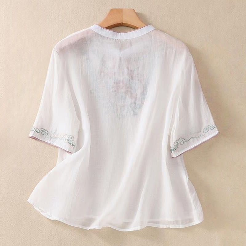 Camicia da donna in cotone e lino a mezza manica, con ricamo retrò casual e bottoni a forma di rana, motivo Buddha Stones - image 13