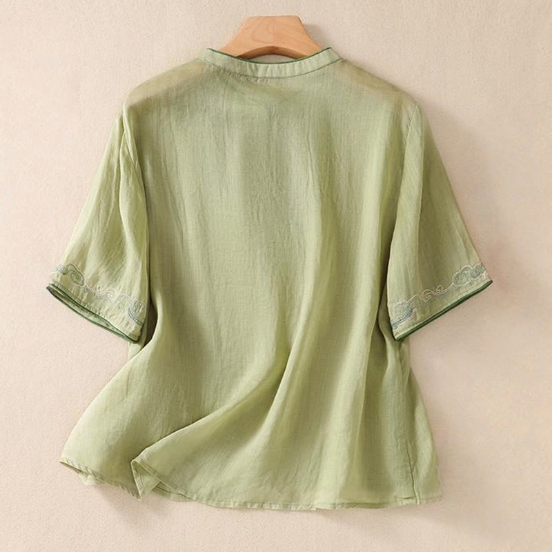 Camicia da donna in cotone e lino a mezza manica, con ricamo retrò casual e bottoni a forma di rana, motivo Buddha Stones - image 3