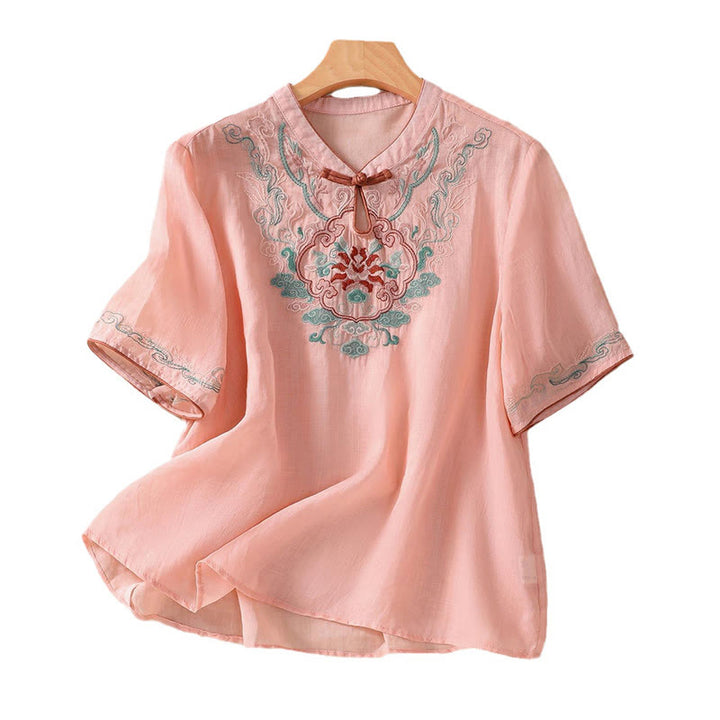 Camicia da donna in cotone e lino a mezza manica, con ricamo retrò casual e bottoni a forma di rana, motivo Buddha Stones - image 11