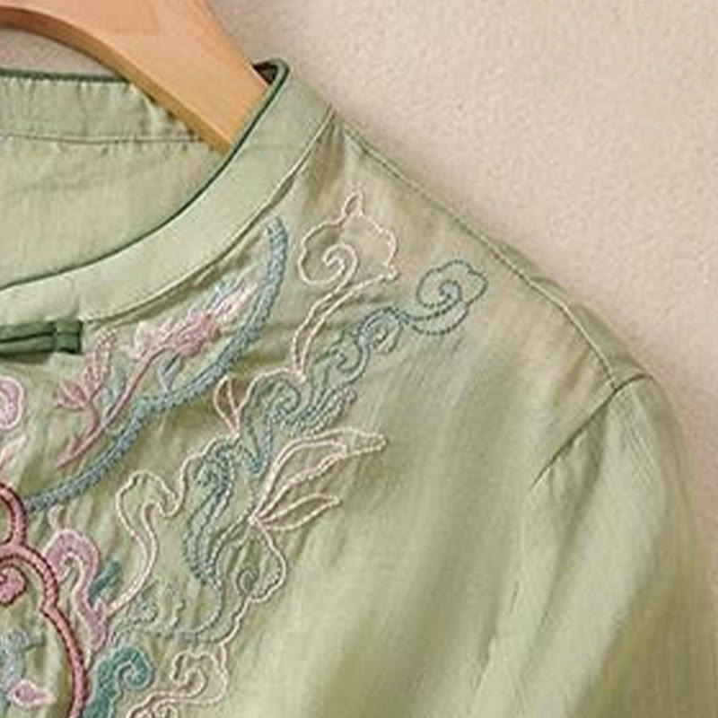 Camicia da donna in cotone e lino a mezza manica, con ricamo retrò casual e bottoni a forma di rana, motivo Buddha Stones - image 4