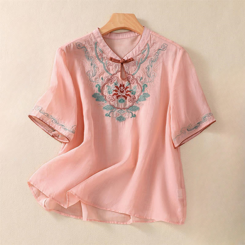 Camicia da donna in cotone e lino a mezza manica, con ricamo retrò casual e bottoni a forma di rana, motivo Buddha Stones - Salmone chiaro - US12, UK/AU16, EU44 (4XL) - image 5