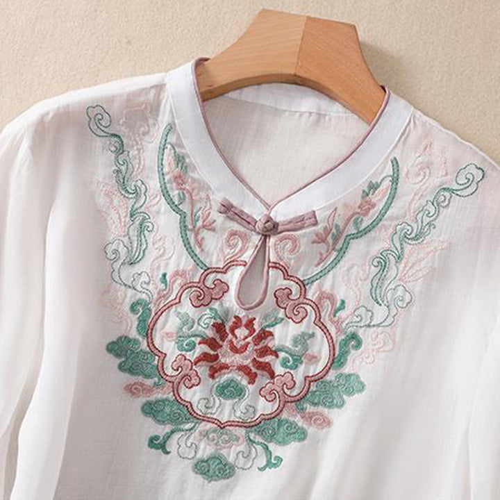 Camicia da donna in cotone e lino a mezza manica, con ricamo retrò casual e bottoni a forma di rana, motivo Buddha Stones - image 15