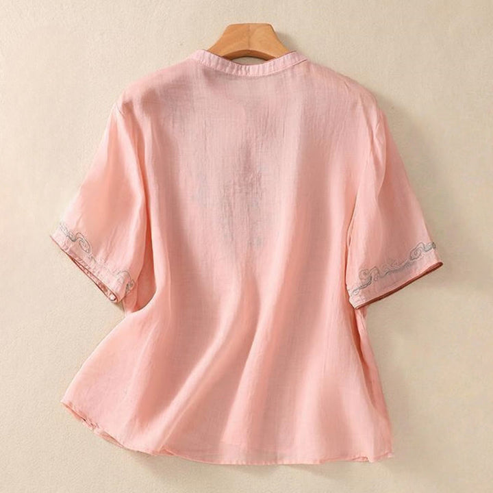 Camicia da donna in cotone e lino a mezza manica, con ricamo retrò casual e bottoni a forma di rana, motivo Buddha Stones - image 6