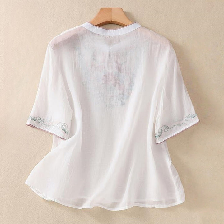 Camicia da donna in cotone e lino a mezza manica, con ricamo retrò casual e bottoni a forma di rana, motivo Buddha Stones - image 13