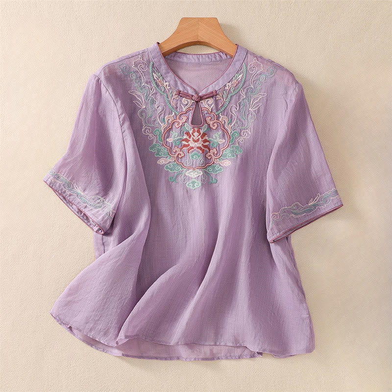 Camicia da donna in cotone e lino a mezza manica, con ricamo retrò casual e bottoni a forma di rana, motivo Buddha Stones - Orchidea media - US12, UK/AU16, EU44 (4XL) - image 0