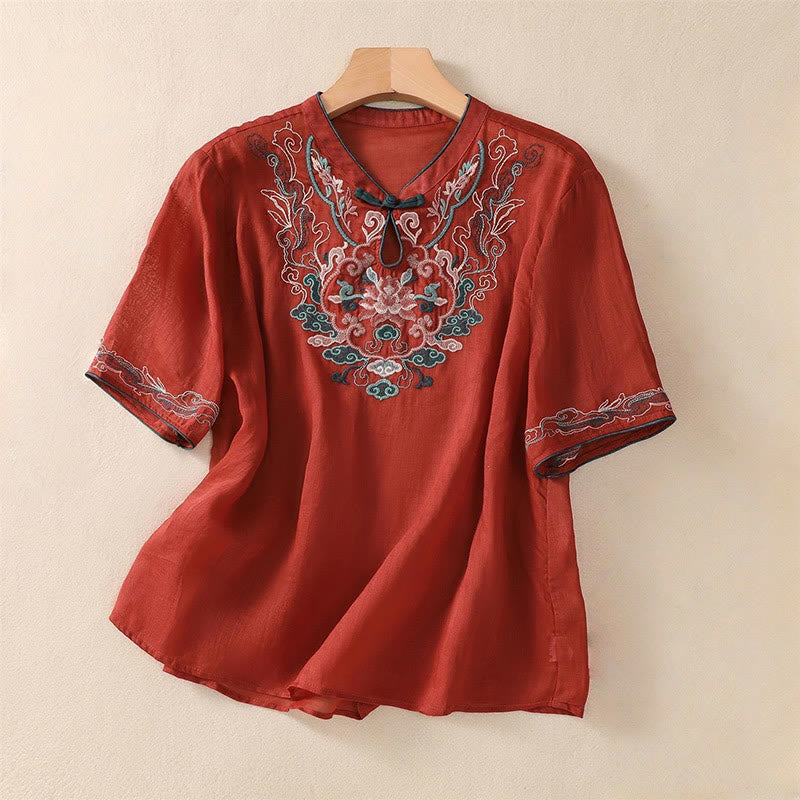 Camicia da donna in cotone e lino a mezza manica, con ricamo retrò casual e bottoni a forma di rana, motivo Buddha Stones - FireBrick - US12, UK/AU16, EU44 (4XL) - image 17