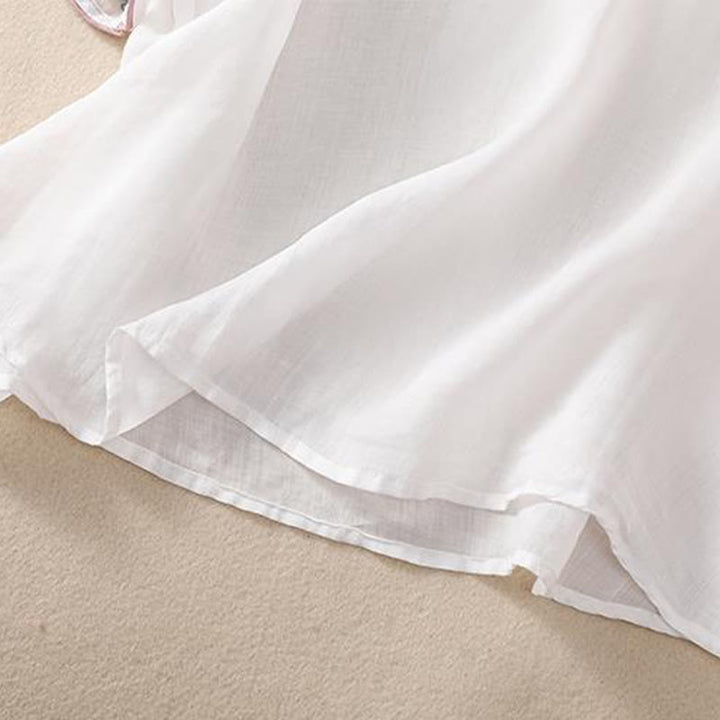 Camicia da donna in cotone e lino a mezza manica, con ricamo retrò casual e bottoni a forma di rana, motivo Buddha Stones - image 16