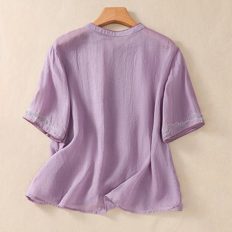 Camicia da donna in cotone e lino a mezza manica, con ricamo retrò casual e bottoni a forma di rana, motivo Buddha Stones - image 1