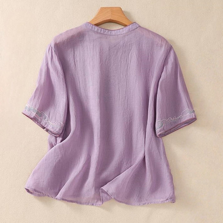 Camicia da donna in cotone e lino a mezza manica, con ricamo retrò casual e bottoni a forma di rana, motivo Buddha Stones - image 1