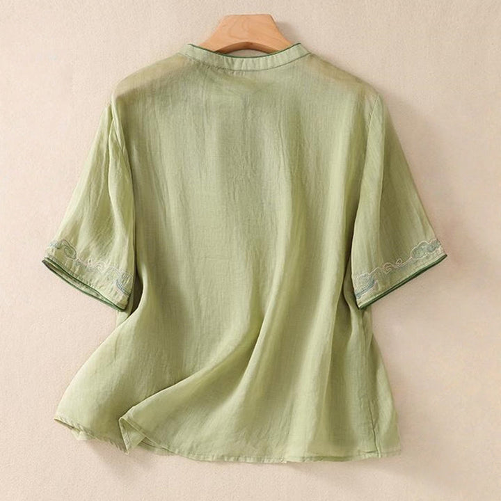 Camicia da donna in cotone e lino a mezza manica, con ricamo retrò casual e bottoni a forma di rana, motivo Buddha Stones - image 3