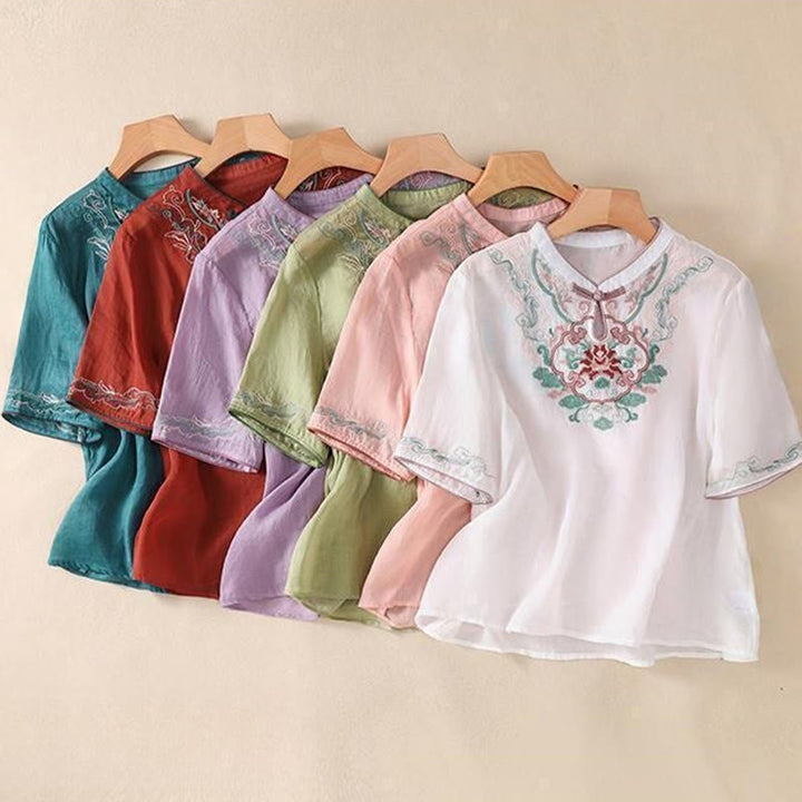 Camicia da donna in cotone e lino a mezza manica, con ricamo retrò casual e bottoni a forma di rana, motivo Buddha Stones - image 19