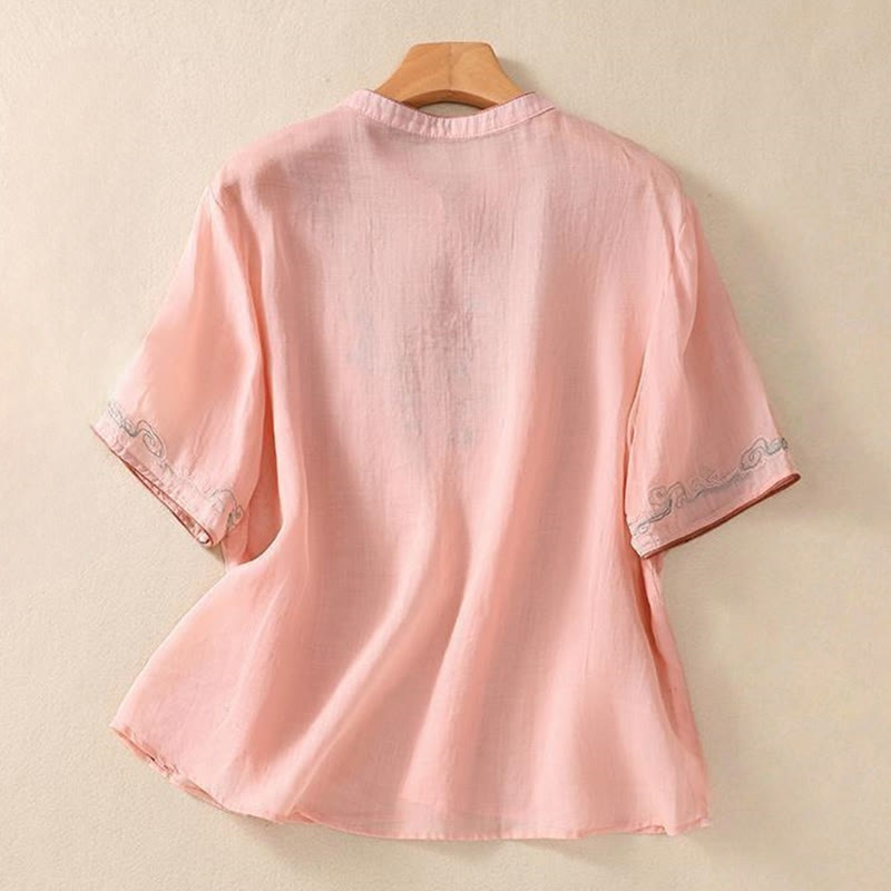 Camicia da donna in cotone e lino a mezza manica, con ricamo retrò casual e bottoni a forma di rana, motivo Buddha Stones - image 6