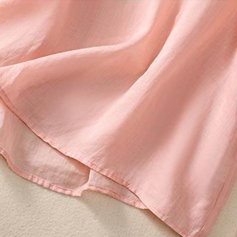 Camicia da donna in cotone e lino a mezza manica, con ricamo retrò casual e bottoni a forma di rana, motivo Buddha Stones - image 9