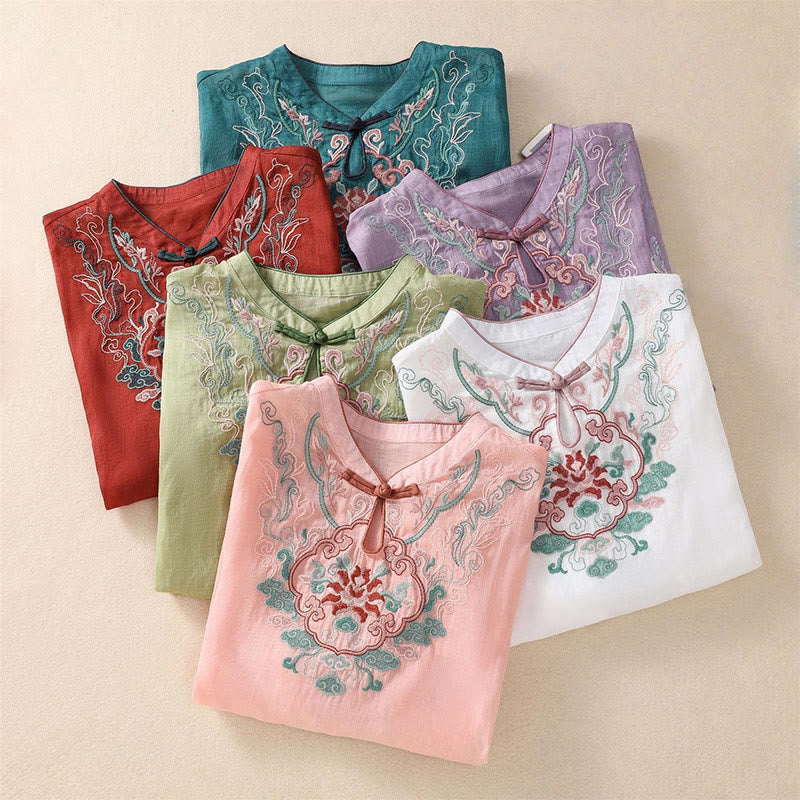 Camicia da donna in cotone e lino a mezza manica, con ricamo retrò casual e bottoni a forma di rana, motivo Buddha Stones - image 20