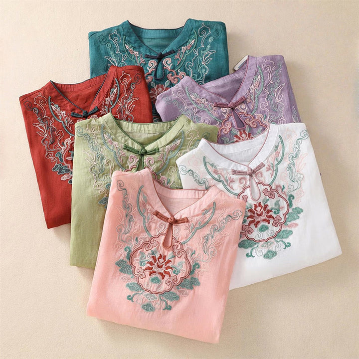 Camicia da donna in cotone e lino a mezza manica, con ricamo retrò casual e bottoni a forma di rana, motivo Buddha Stones - image 20