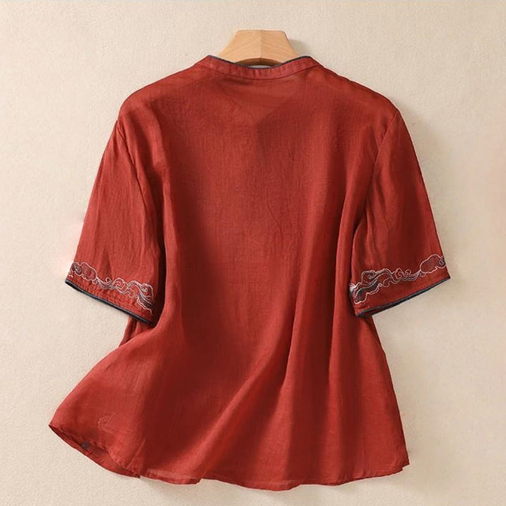 Camicia da donna in cotone e lino a mezza manica, con ricamo retrò casual e bottoni a forma di rana, motivo Buddha Stones - image 18