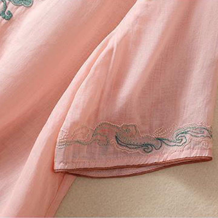 Camicia da donna in cotone e lino a mezza manica, con ricamo retrò casual e bottoni a forma di rana, motivo Buddha Stones - image 8