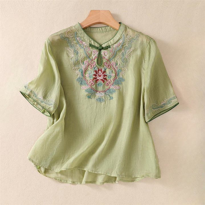 Camicia da donna in cotone e lino a mezza manica, con ricamo retrò casual e bottoni a forma di rana, motivo Buddha Stones - Verde chiaro - US14, UK/AU18, EU46 (4XL) - image 2