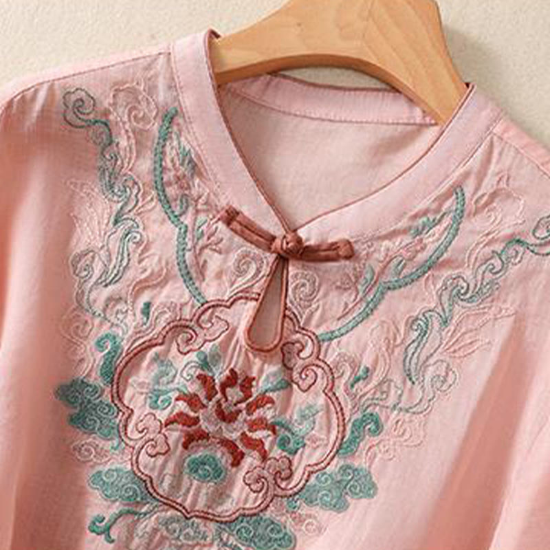 Camicia da donna in cotone e lino a mezza manica, con ricamo retrò casual e bottoni a forma di rana, motivo Buddha Stones - image 7