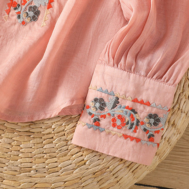 Camicia da donna in cotone e lino con maniche lunghe a lanterna, ricamo vintage Buddha Stones, abbottonatura a fila singola e multi-bottoni - image 7