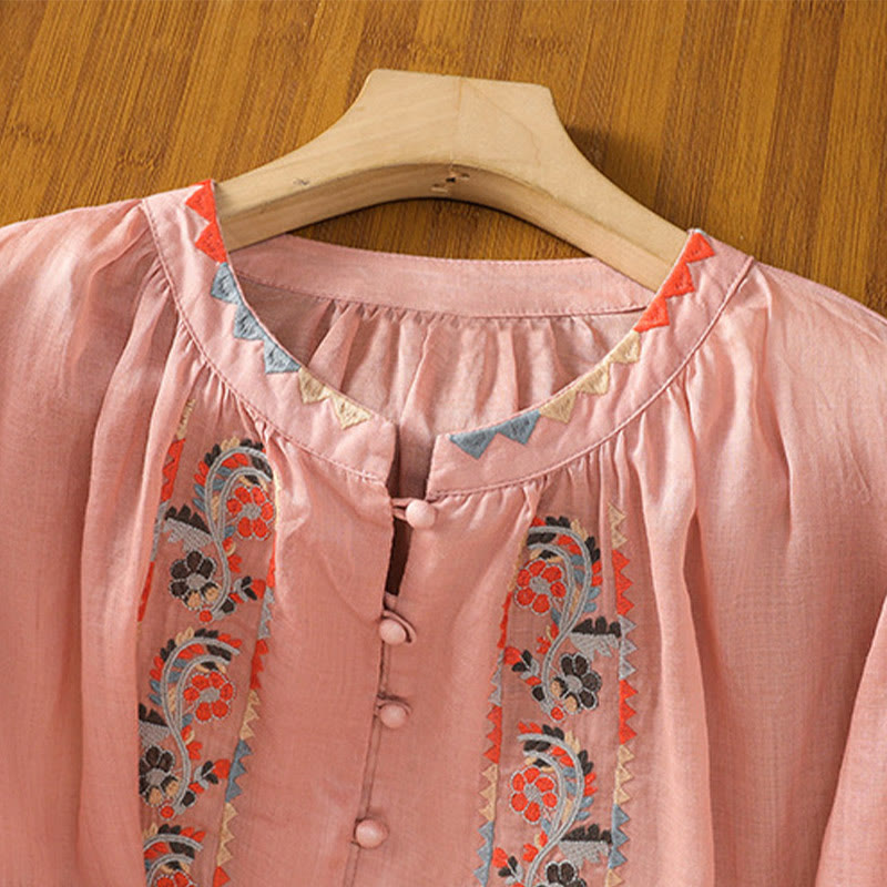 Camicia da donna in cotone e lino con maniche lunghe a lanterna, ricamo vintage Buddha Stones, abbottonatura a fila singola e multi-bottoni - image 6