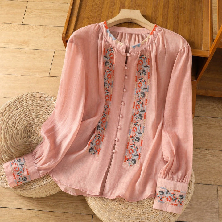Camicia da donna in cotone e lino con maniche lunghe a lanterna, ricamo vintage Buddha Stones, abbottonatura a fila singola e multi-bottoni - Salmone - US8-10, UK/AU12-14, EU40-42 (2XL) - image 5